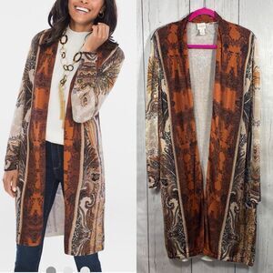 Chicos Regal Paisley Boho Soft Cozy Longline Open Front Cardigan